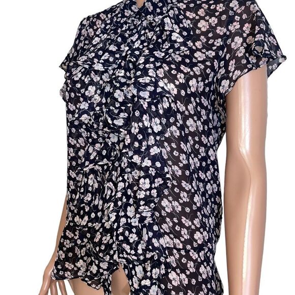 Chaps brand black & white floral print tuxedo ruffle front button up SZ L - Picture 6 of 10